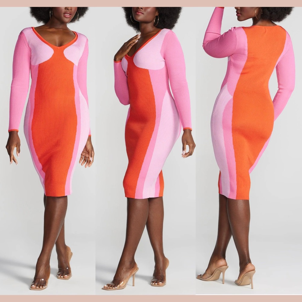 NWT Gabrielle Union [ Medium‎ ] Colorblock Ribbed Sweater Dress Pink Red U1464